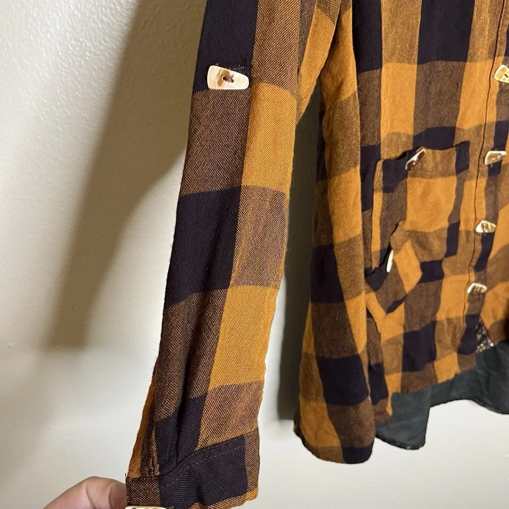 John Mark Small Plaid Button Up Orange Art Wear Buffalo Floral Lagenlook Orange - Picture 3 of 6